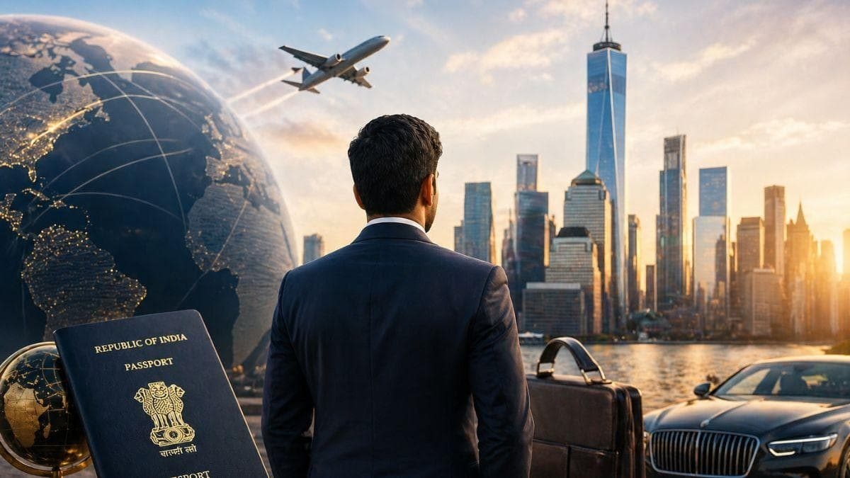 Professional looking out at a city skyline with passport and briefcase